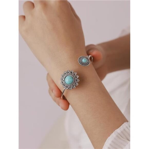 Bohemian Created Turquoise Flower Bangle Bracelet, Stainless Steel Open Bangle - Picture 3 of 6
